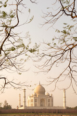 Taj Mahal scenic sunset view with moody sky. A UNESCO World heritage site at Agra, India - 22 March 2019