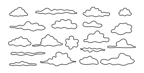 Obraz premium Collection of Black Outline Cloud Shapes on Isolated White Background. Concept of Weather Symbols, Minimalist, Abstract Sky Design, Set Clouds, Graphic Illustration, Nature Elements. ClipArt
