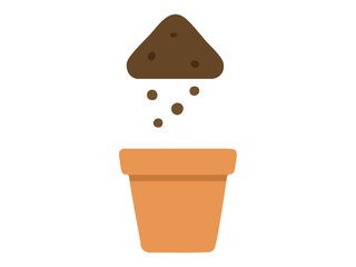 Soil being poured into a terracotta flower pot, isolated on white background, graphic illustration. concept of gardening, home decor, planting, agriculture, garden tools.