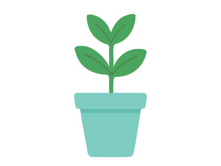 Young plant with green leaves in blue pot on white background, graphic illustration. concept of growth, nature, seedling, flower, home decor, gardening, design element, botany, houseplant