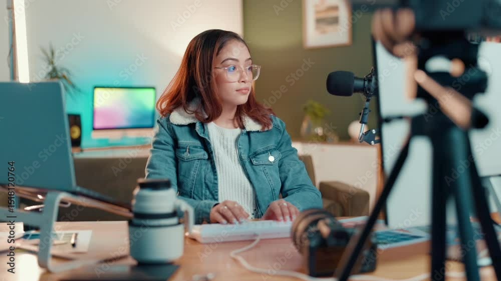 Poster online, content creation and woman with computer, editing or trimming of recording on web in studio.