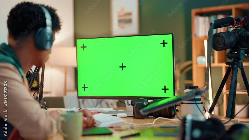 Poster man, influencer and computer with green screen for video editing, review and production in home. per