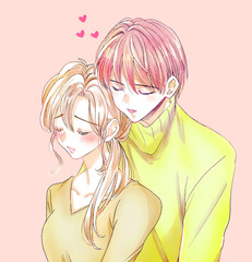 くっつく男性と赤面する女性