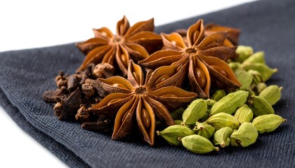 Aromatic star anise pods with cloves and green cardamom seeds are beautifully arranged on a textured dark gray cloth, creating a warm and inviting spice display.
