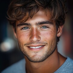 Fototapeta premium Young Man with Freckles and Bright Smile in Natural Light Portrait
