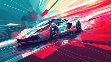 Fast sports car in vibrant abstract background.  Dynamic movement and powerful design