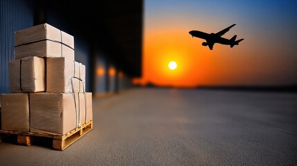 Packages on a pallet at an airport with an airplane taking off during sunset, symbolizing air cargo and global shipping.