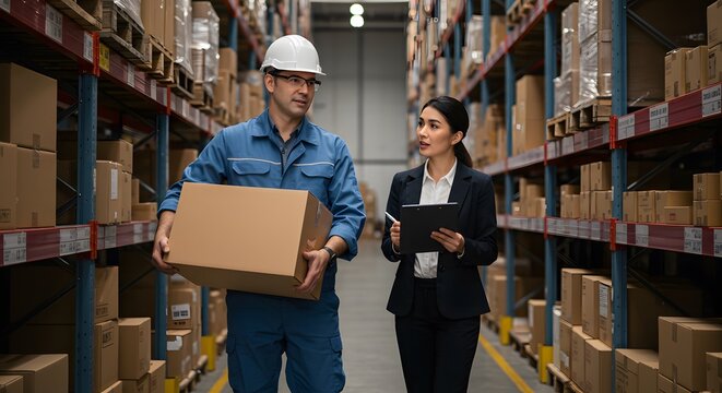 Warehouse Supervisor and Business Client Collaborate on Inventory Management, Distribution warehouse manager and client businesswoman