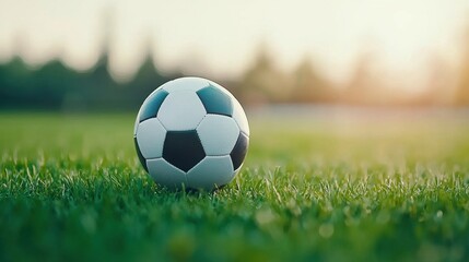 A classic soccer ball resting on green grass under a bright, sunny sky, ready for play.
