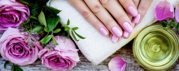 Well-manicured hands rest on a towel with pink roses, petals, and a glass bowl of oil, creating a relaxing spa scene.