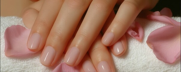 Well-manicured hands rest on a towel with pink rose petals, showcasing natural, polished nails in a spa-like setting.