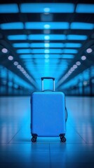 A blue suitcase stands alone in a brightly lit, futuristic corridor, suggesting travel or transit in a modern environment.