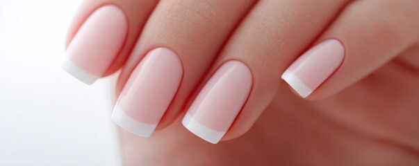 Close-up of a hand with neatly manicured nails featuring a classic French manicure style.