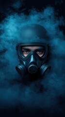 A person wearing a gas mask and helmet stands surrounded by thick blue smoke, creating a dramatic and intense atmosphere.