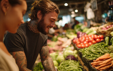 A handsome man with tattoos, wearing a white shirt, is shopping at the farmer's market. He is surrounded by fresh produce and fruits, and people wearing casual . 