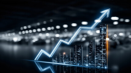 Financial Ascent: A luminous growth arrow soars above a cityscape, symbolizing upward trajectory and economic prosperity, painted in sleek, futuristic style.