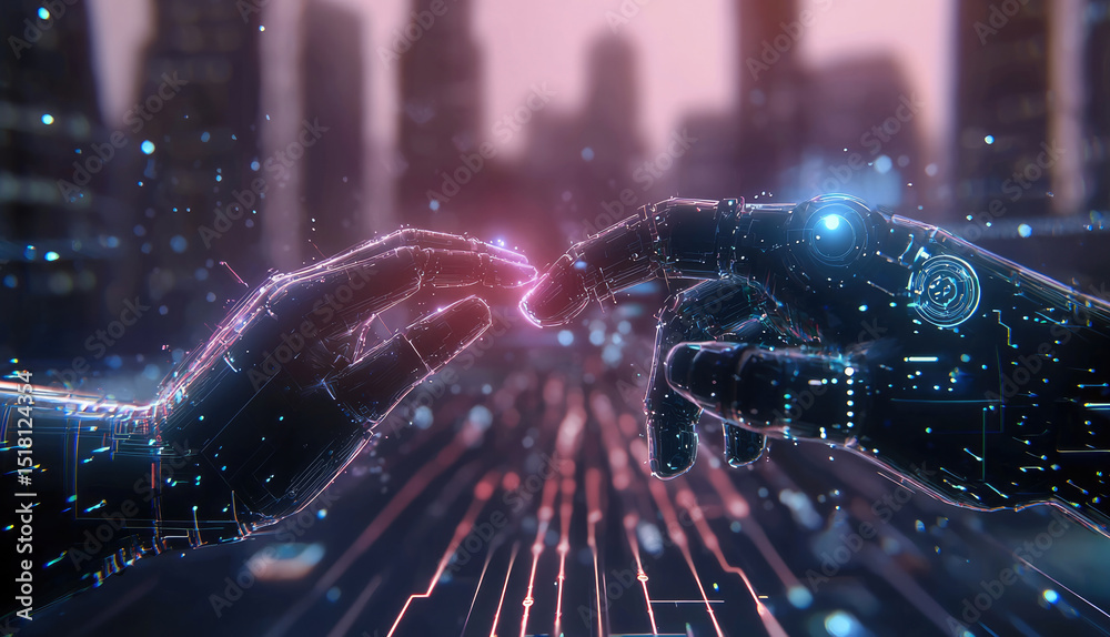 Poster futuristic digital robotic hand city technology glowing connection cybernetic artificial