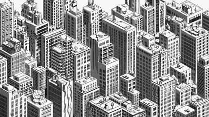 A hand-drawn isometric geometric cityscape in black and white.