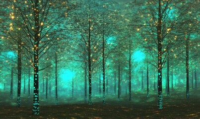 Obraz premium Enchanted forest, glowing trees, mystical night, fantasy background, ideal for gaming