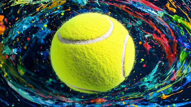 Colorful Tennis Ball Exploding With Paint Splatters