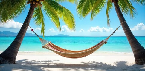 Fototapeta premium A tranquil scene of a hammock gently swaying between two palm trees on a pristine beach, inviting relaxation and escape Perfect for travel, vacation, and leisure themes , travel, paradise