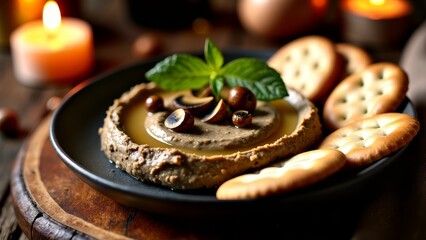 Mushroom pate with crackers by candlelight