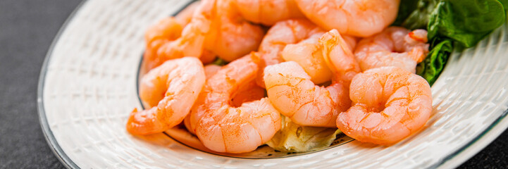 Shrimp salad prawns seafood fresh pescetarian diet gourmet food background on the table rustic food top view copy space keto and paleo diet vegetarian food