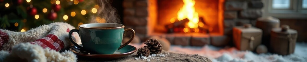 Cozy winter scene featuring a steaming mug of tea next to a warm, inviting fireplace, surrounded by soft blankets and pine cones Perfect for holiday or winter themes , warm drink, hot, teacup