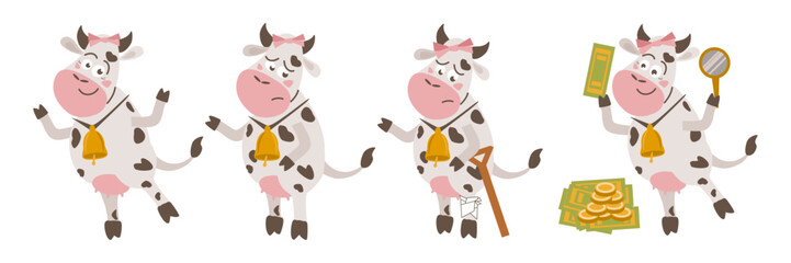 Set of cartoon cows on hind legs funny and sad with a bell on the neck and a bow on the head, dancing, with a magnifying glass and money, with an injured leg and a crutch - vector flat illustration