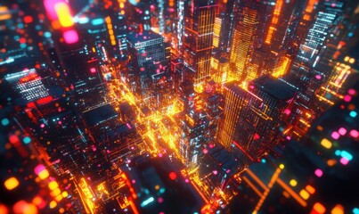 Fototapeta premium Futuristic city at night, aerial view, vibrant lights, glowing streets, technology background, website banner