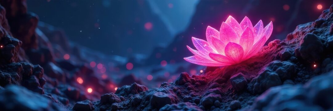 Glowing, bioluminescent alien flora thrives in a harsh, extraterrestrial environment Its intricate, crystalline structure reflects the nebula above , extraterrestrial life, crystals, alien plant