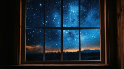 Large window with close-up view of night starry sky