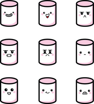 Kawaii marshmallows flat vector collection set with cute expressions and faces, with named and arranged layers