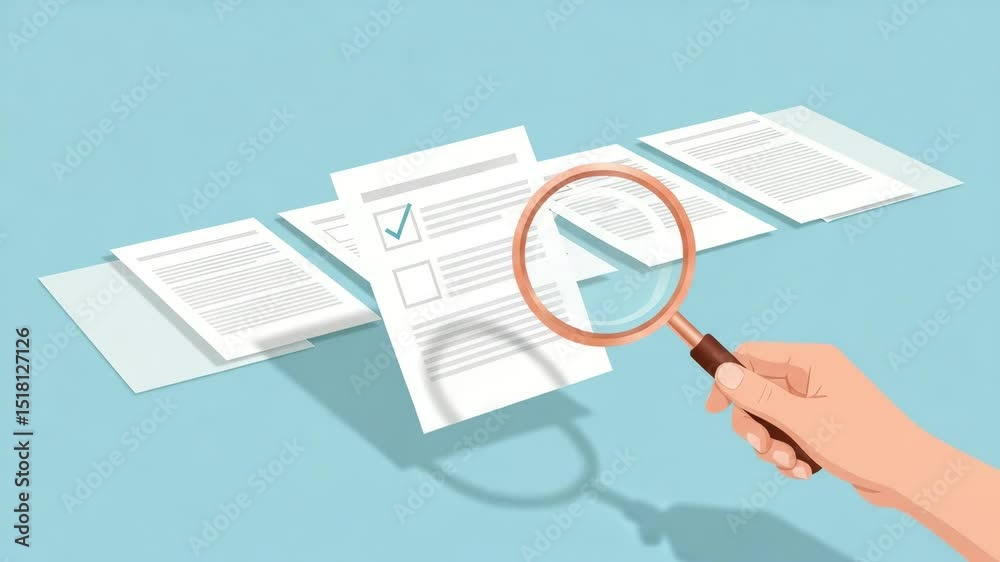 Poster hand holding magnifying glass over document with checkmark on blue surface top view style