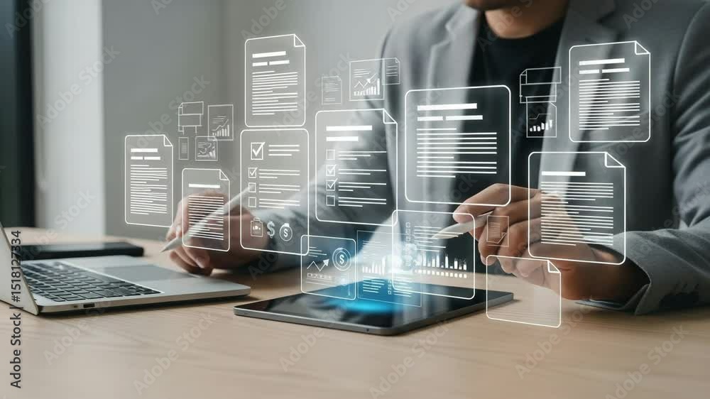 Poster Person using tablet and laptop with digital document icons for business management and automation tools