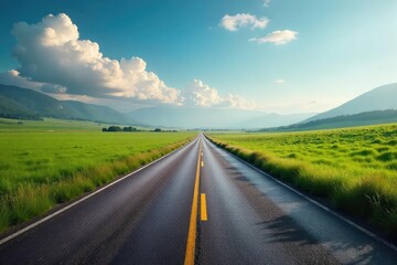 Fototapeta premium Two roads converge at a crossroads, symbolizing the intersection and connection of paths, journeys, or ideas The image depicts a meeting point, a convergence, a juncture , perspective, highway