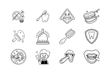 Simple dental hygiene and teeth care icons representing brushing flossing and oral health practices