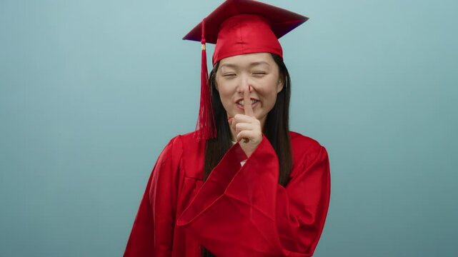 Woman in red graduation gown making shushing gesture against blue background conveying secrecy and achievement in education.
