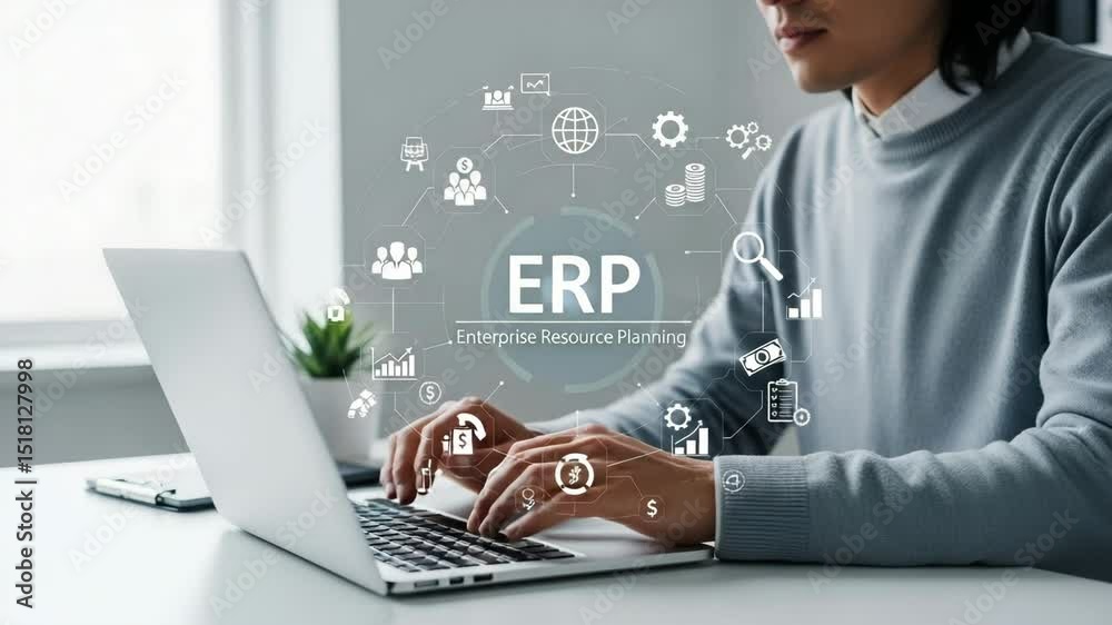 Poster person typing on laptop with erp enterprise resource planning graphic overlaying the scene in the of