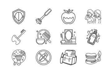 Simple hand drawn dental hygiene icons representing oral health care and cleanliness in black and white