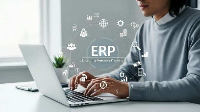 Person typing on laptop with erp enterprise resource planning graphic overlaying the scene in the office
