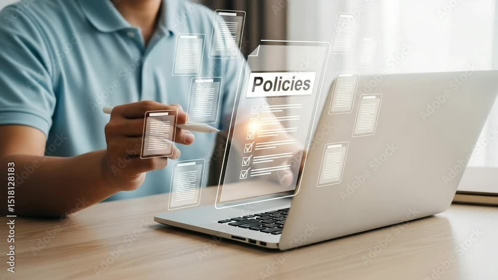 Poster Man reviewing policies on laptop with stylus and digital documents floating around screen view