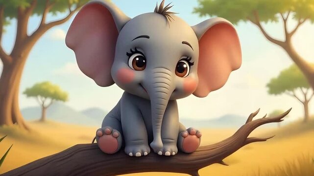 A cute baby elephant sitting on a branch , big eyes, cartoonish style , in a savanna with trees in the background