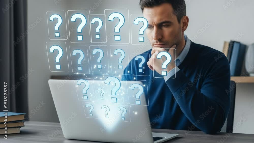 Fototapete man pondering in front of a laptop with question marks hovering above the screen at a desk indoors