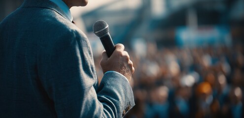 Naklejka premium Speaker holding microphone addressing a crowd