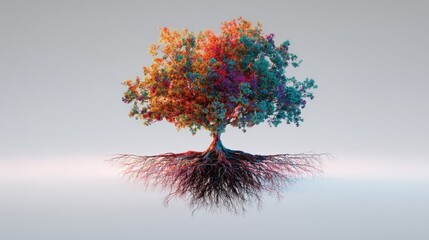 Colorful Tree with Exposed Roots on Gradient Background