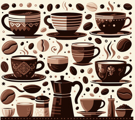 Obraz premium Cafe-style vector background with coffee mugs, beans, and saucers in brown tones