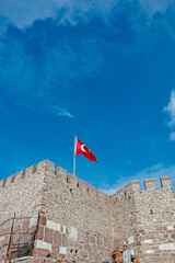 Turkish Flag, Ancient Castle Wall, Blue Sky:  Historical Landmark