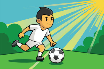 A bright vector illustration of a kid enjoying outdoor soccer under a sunny sky, showcasing youth, sports, and joy.