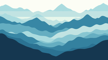 Vector background with layered mountain silhouettes in simple flat shapes, navy blue, soft sky blue tones